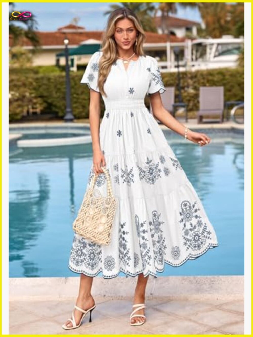 Boho Maxi Dress V Neck Short Sleeve Empire Waist Flowy Tiered Casual Summer - Picture 3 of 7